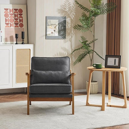 Karl home Mid-Century Lounge Accent Chair, Gray | Wide Curved Armrest, Linen Fabric, Lumbar Pillow Included, Solid Wood Frame, For Living Room, Bedroom, Balcony, Apartment