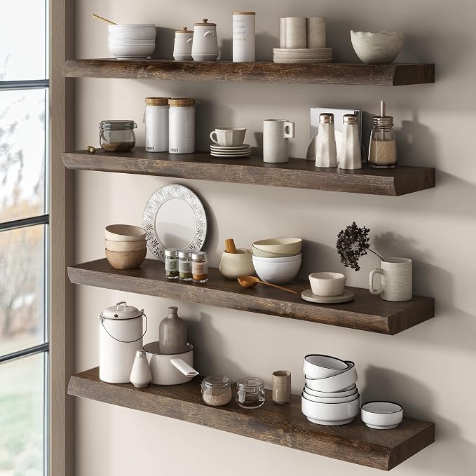 Live Edge Floating Shelves for Wall Decor, Solid Elm Wood Floating Shelves Wall Mounted, Rustic Wall Shelves with Invisible Bracket for Living Room Bathroom Bedroom Kitchen, 36 Inch Set of 2, Walnut
