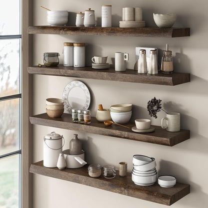Live Edge Floating Shelves for Wall Decor, Solid Elm Wood Floating Shelves Wall Mounted, Rustic Wall Shelves with Invisible Bracket for Living Room Bathroom Bedroom Kitchen, 36 Inch Set of 2, Walnut