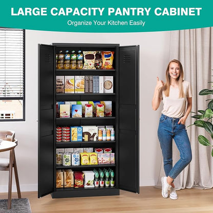 SISESOL Black Storage Cabinet,71" Tall Pantry Cabinet,Kitchen Pantry Storage Cabinets with 2 Doors and 5 Shelves,Wide Deep Metal Food Cupboard for Home,Kitchen,Dining/Living Room