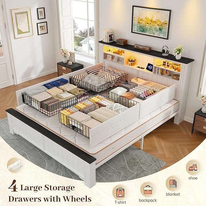 EnHomee Queen Bed Frame with Headboard, and 4 Storage Drawers, LED Lights & Charging Ports,No Box Spring Needed for Apartment,Noise-Free,Wooden, White