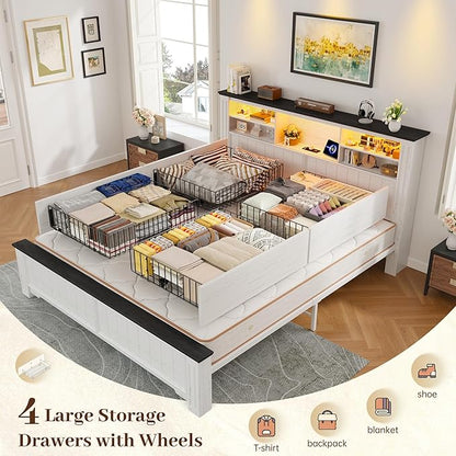 EnHomee Queen Bed Frame with Headboard, and 4 Storage Drawers, LED Lights & Charging Ports,No Box Spring Needed for Apartment,Noise-Free,Wooden, White