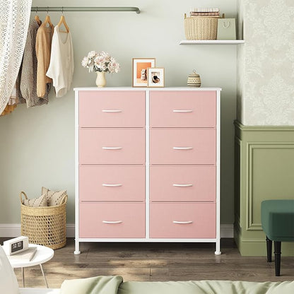 Sweetcrispy 8 Drawer Fabric Dresser for Bedroom, Tall Dresser, Pink | Sturdy Chest of Drawers, Steel Frame and Wooden Top, Closet Living Room Storage Organizer with Easy Pull Handles