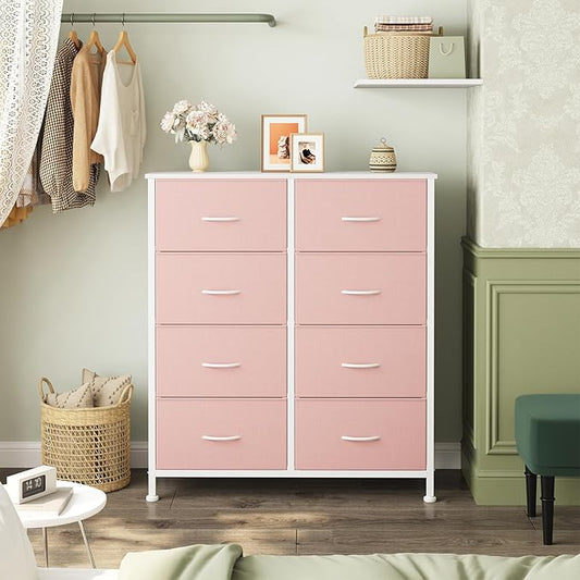 Sweetcrispy 8 Drawer Fabric Dresser for Bedroom, Tall Dresser, Pink | Sturdy Chest of Drawers, Steel Frame and Wooden Top, Closet Living Room Storage Organizer with Easy Pull Handles