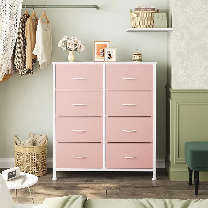 OLIXIS 8 Drawer Storage Dresser with Wood Top - Wide Fabric Chest Organizer for Bedroom, Closet, Living Room,Tower Cabinet, TV Stand, Hallway Entryway Furniture,Pink