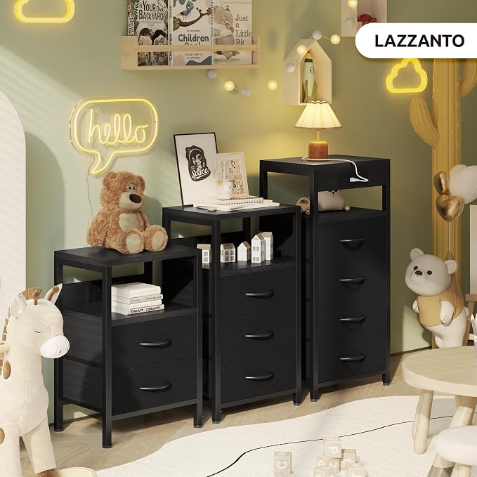 Lazzanto Nightstand Bedside Charger Table for Bedroom - Night Stand with Charging Station, Modern Nightstand with Open Shelf & 2 Fabric Drawers, Bed Side Table with USB-C Port for Dorm, Black