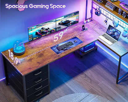 AODK L Shaped Gaming Desk with Hutch, 59" Computer Desk with 4 Drawers & Storage Shelves, Reversible Corner Desk with LED Light & Power Outlets, Gamer Table for for Home Office, Vintage