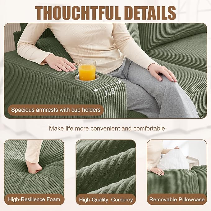 127" Modular Sectional Sofa with Storage, Corduroy 8-Seater V-Shaped Sofa with Ottoman Chaise, Convertible L-Shaped U-Shaped Cloud Sectional Couches for Living Room, Apartment