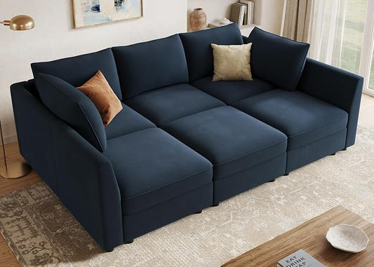 HONBAY Modular Sectional Sleeper Sofa Velvet Sectional Sleeper Couch with Storage Sleeper Sofa Couch for Living Room,Dark Blue