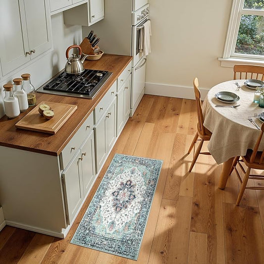 RELEANY Area Rugs Small 2'x4' Washable Non-Slip, Floral Vintage Distress Medallion Carpet for Kitchen Entryway Bathroom, Green Navy Blue White Red Teal