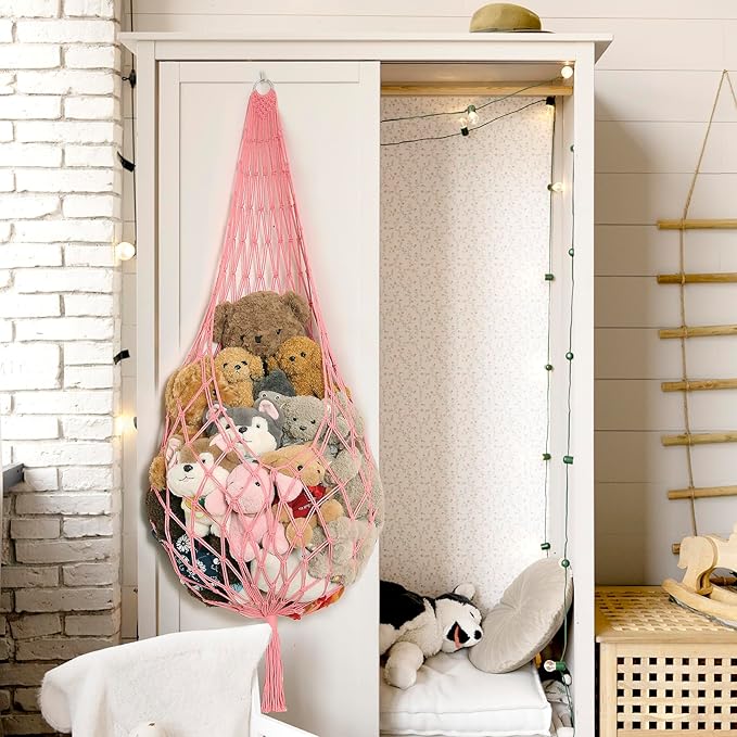 Amdermi Stuffed Animal Net or Hammock Corner Hanging Net for Stuffy Animal Storage Macrame Toy Display Plush Toy Holder Wall Pet Net for Nursery Kid Bedroom Decor Playroom Organizer (Pink)