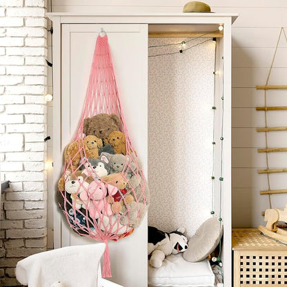 Amdermi Stuffed Animal Net or Hammock Corner Hanging Net for Stuffy Animal Storage Macrame Toy Display Plush Toy Holder Wall Pet Net for Nursery Kid Bedroom Decor Playroom Organizer (Pink)