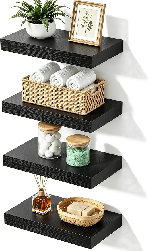 Black Floating Shelves for Wall, Set of 4 Wooden Wall Mounted Shelves for Bathroom Over Toilet, Bedroom, Kitchen, Living Room & Office, Hanging Storage and Wall Decor, 12"x7"x1.5"