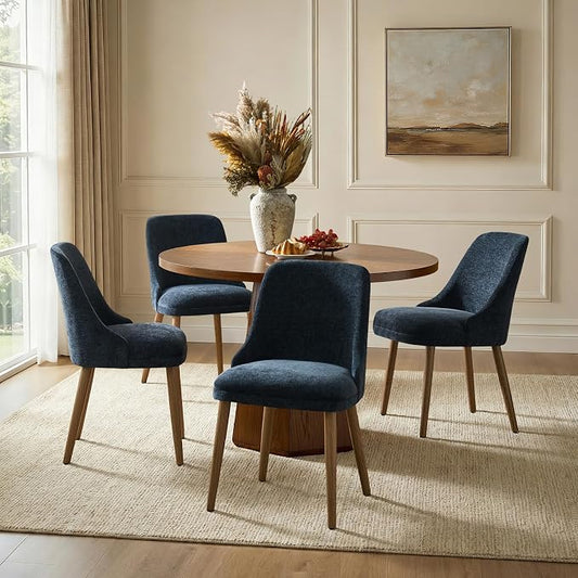Upholstered Dining Chairs Set of 4, Fabric Dining Room Chairs with Curved Backrest, Solid Wood Legs, Modern Kitchen Chairs for Dining Room Living Room, Navy