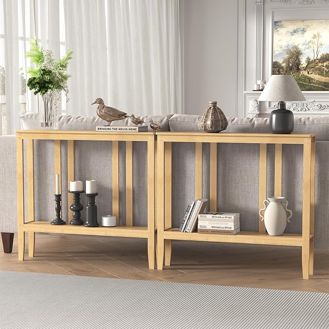 ELYKEN Bamboo 2-Tier Narrow Console Table, 36.2" Long Slim Sofa Table Behind Couch for Entryway, Hallway, Living Room, Natural