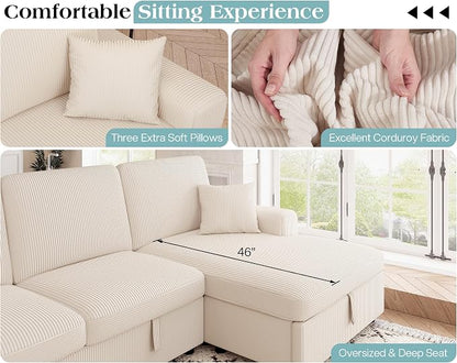 VanAcc 130" Sofa Bed, Sectional Sleeper Sofa with Pull Out Bed, Sleeper Couch with Storage, 6 Seater Couch for Living Room, Corduroy Off-White