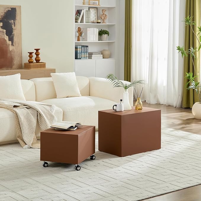 Rolling Modern Coffee Table Set of 2 with Wheels, Leather Square Coffee Table and End Table Sets, Minimalist Center Table, Luxury Wooden Cube Side Table for Living Room Bedroom Apartment,Brown