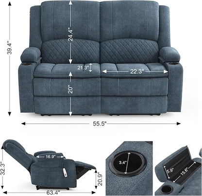 Yolsali Loveseat Recliner Sofa, Manual Reclining Loveseat with Removable Armrest, Fabric 2 Seater Couch for RV with 2-Tier Cushions, USB Charging Ports, Cup Holders - Blue
