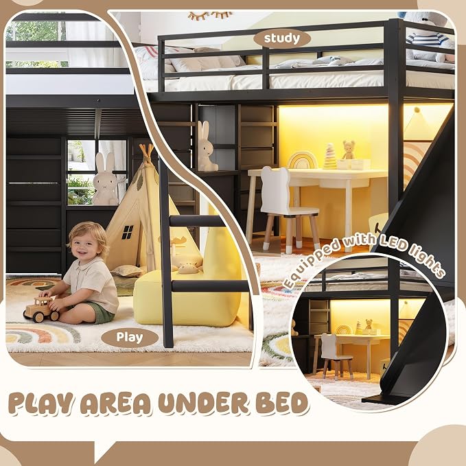 Bellemave Twin Loft Bed with Slide & Ladder, Metal Kids Loft Bed with Storage Drawers & LED Lights, Low Loft Bed Twin Size with Wood Wardrobe & Bookcase, Loft Bed for Kids Teens, Black