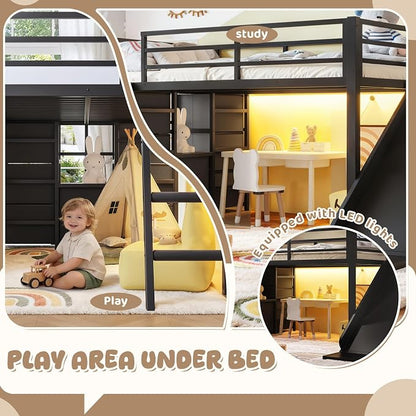 Bellemave Twin Loft Bed with Slide & Ladder, Metal Kids Loft Bed with Storage Drawers & LED Lights, Low Loft Bed Twin Size with Wood Wardrobe & Bookcase, Loft Bed for Kids Teens, Black