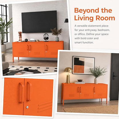 Metal Storage Cabinet-22 Tall Steel TV Stand Cabinets with Lockable Doors and Adjustable Shelves Orange Living Room Locker Organizer for Home Office Bedroom Size：22" H X 47.3" W X 13.8" D