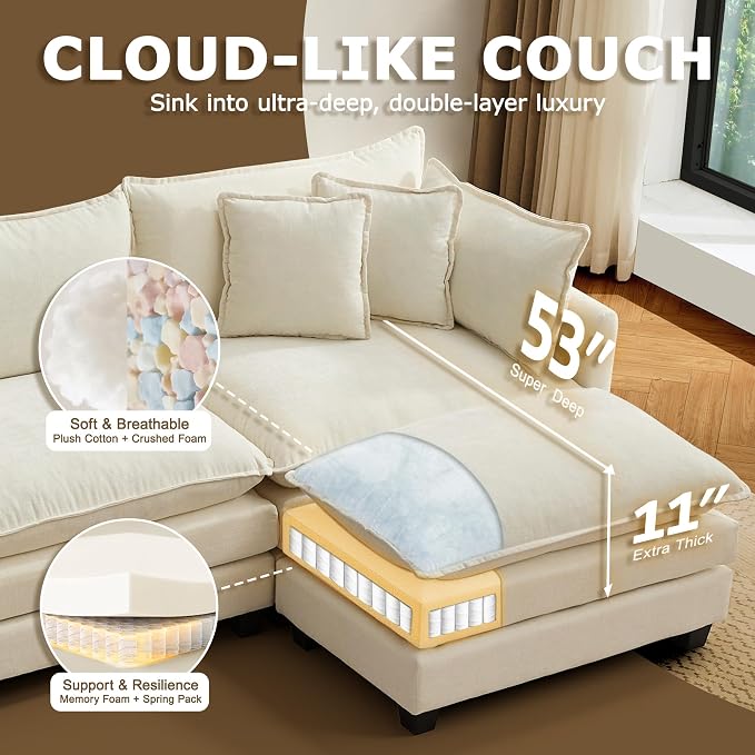 113” Modular Sectional Sofa, L Shaped Cloud Couches for Living Room, Beige | Comfy Chenille, Deep Seat, Bedroom, Apartment, Throw Pillow, Removable Washable Cover, Movable Ottoman, Easy Assembly, Modern