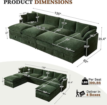 Ihanherry 135” Oversized Sectional Sofa Bed with Storage, 8-Seater Modular Cloud Couch with Movable Ottomans, Chenille Deep Seat Sleeper Couches for Living Room (Green)