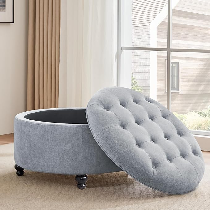 HUIMO 30-Inch Round Storage Ottoman, Modern Button Tufted Ottoman Coffee Table for Living Room, Bedroom and Office(Light Blue)