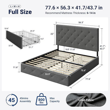 Allewie Upholstered Full Size Platform Bed Frame with 4 Storage Drawers and Headboard, Diamond Stitched Button Tufted, Mattress Foundation with Wooden Slats Support, No Box Spring Needed, Light Grey