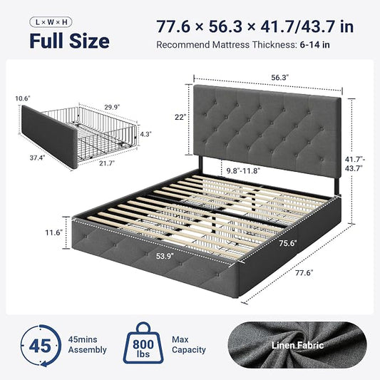 Allewie Upholstered Full Size Platform Bed Frame with 4 Storage Drawers and Headboard, Diamond Stitched Button Tufted, Mattress Foundation with Wooden Slats Support, No Box Spring Needed, Light Grey