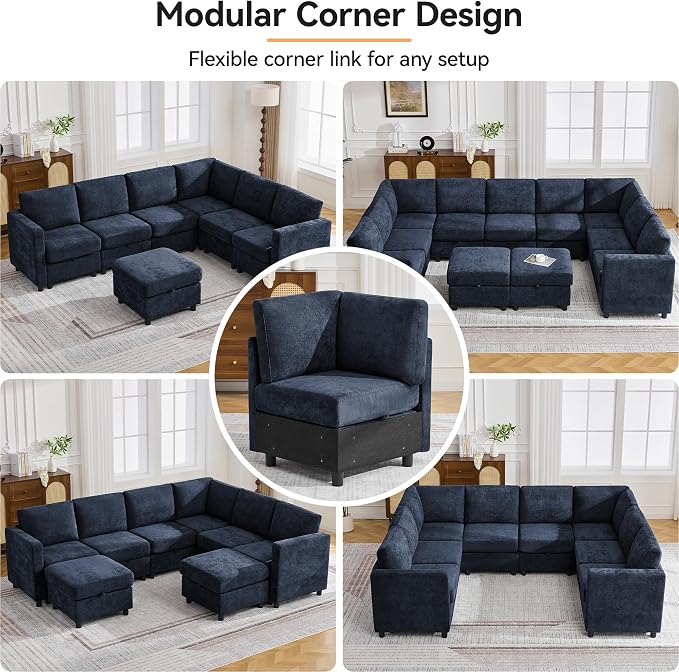 104'' U Shaped Modular Sofa, Sectional Couches with Storage for Living Room, Oversized 8 Seater Cloud Sectional Couch, Chenille Navy