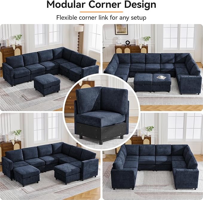 104'' V Shaped Modular Sofa, Sectional Couch with Storage for Living Room, Modern 7 Seater Cloud Sectional Couch with Movable Ottoman, Chenille Navy