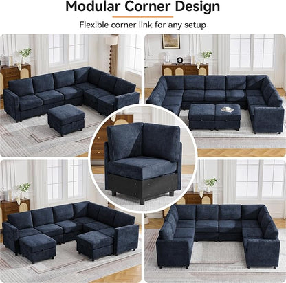 127'' Oversized U Shaped Modular Sofa, Sectional Couches with Storage for Living Room, Modern 9 Seater Cloud Sectional Couch with Movable Ottoman, Chenille Navy