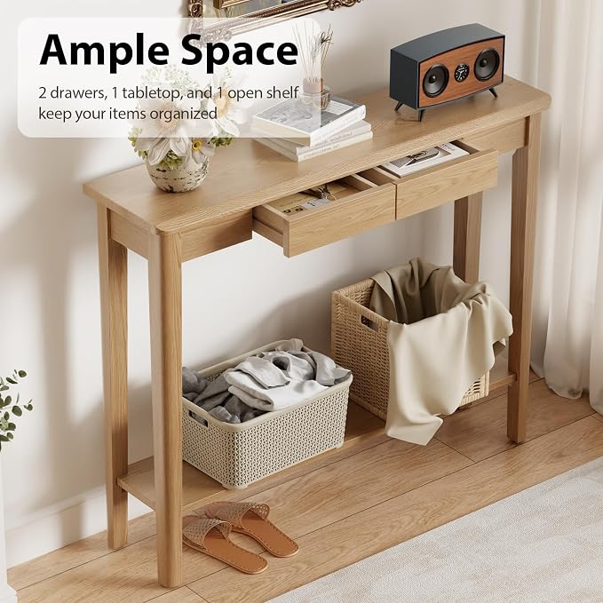AQIMUELE Wood Console Table with Drawers, Walnut