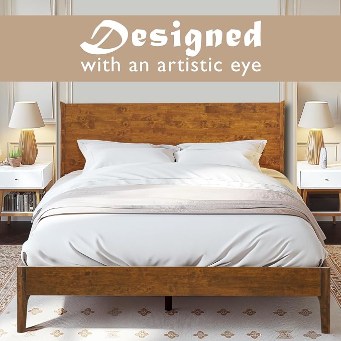 Acacia Haven King Premium Wooden Platform Bed, 100% Solid Wood Platform Bed with Headboard, Wood Slat Support & No Box Spring Needed, Effortless Assembly, 800 lbs Capacity, Caramel.