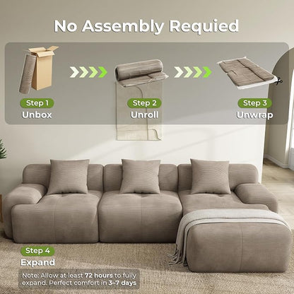 LIKIMIO LumiCord Modular Sectional Sofa with Ottoman, 118" L-Shaped Boneless Couch for Living Room, Oversized Deep Seat with Corduroy Upholstery, No Assembly Required, Light Brown