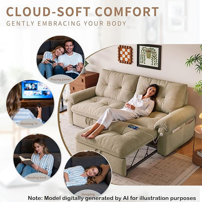 77.2'' Pull Out Couch Full Size, Pre-assembled Sleeper Sofa Bed, Flannel Convertible Futon Sofa Bed with Adjustable Backrest, USB, Side Pocket, Loveseat for Living Room, Apartment, Light Brown