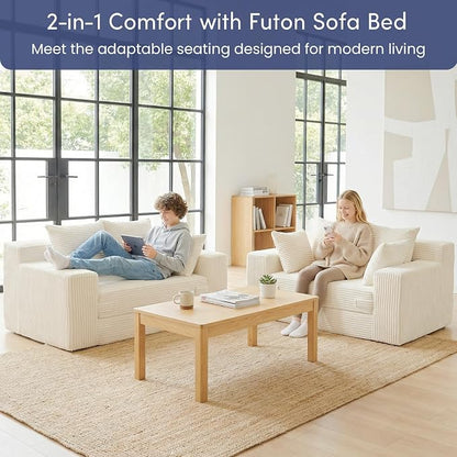 cidludto Convertible Sofa Bed, Boneless Couch 2 in 1 Loveseat Folding Couch Bed Foldable, Boneless Chair Bed & Futon Sofa, Small Couch Corduroy Pull Out Sofa with 4 Pillows for Living Room, Beige
