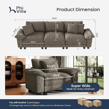 PHI VILLA Modern Modular Couches Sets, 123.6" Cloud Sectional Sofa with Upholstered Deep Seat, 3-Seater Couch for Living Room Small Spaces, Chenille Fabric, Smoky Grey