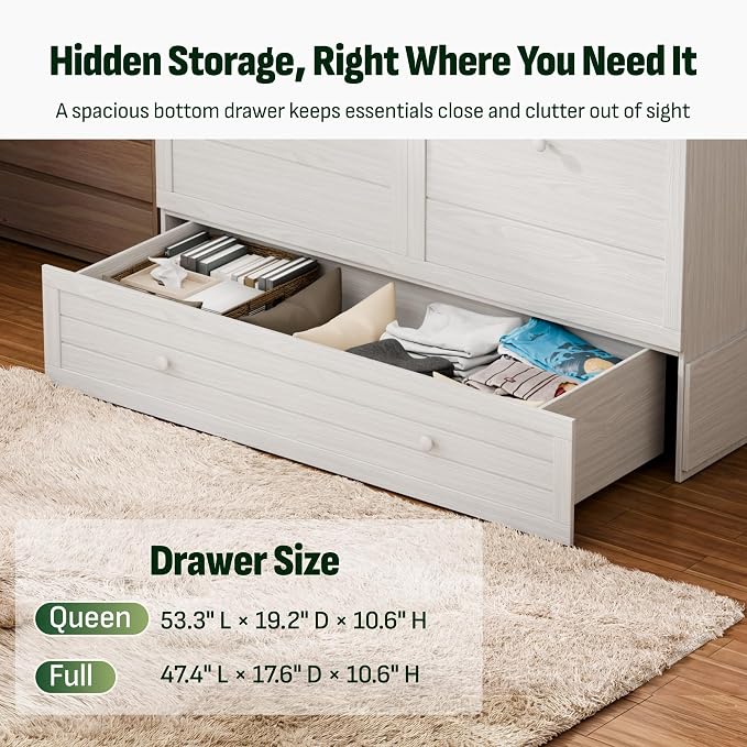 Softa Queen Murphy Bed Cabinet with 4" Tri-Fold Mattress, Storage Drawer & Charging Station, 1200 Lb Heavy Duty Wood Wall Bed with Fold-Down Desk for Guest Room & Home Office, No Box Spring Needed