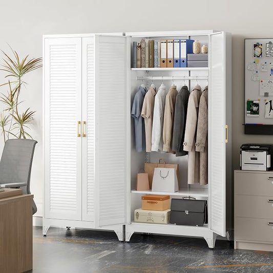 71" Louvered Metal Storage Cabinet with Doors and Shelves, White Steel Armoire Wardrobe Closet with Sturdy Hanging Rod for Home Office Bedroom, 18" Deep