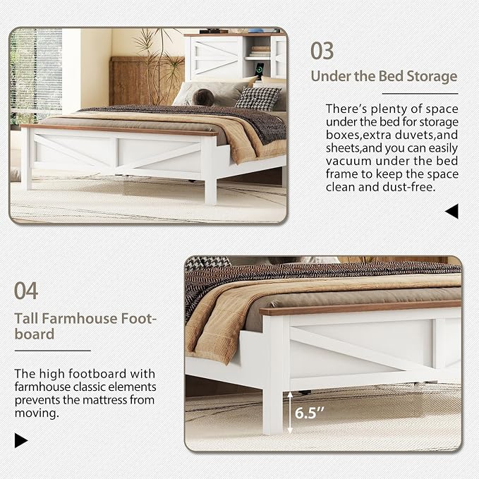 Farmhouse 3-Pieces Bedroom Sets, Queen Size Wood Platform Bed with Nightstand and Dressing Table, Queen Beds Frame with Double Sliding Door Headboard and Charging Station (White, Queen)