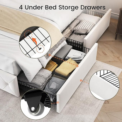 LARMACE Queen Size Bed Frame with 4 Storage Drawers and 47.2" Tall Wingback Headboard Velvet Upholstered Platform Bed Frame Tufted Beds with Wooden Slats Support, Easy Assembly, White