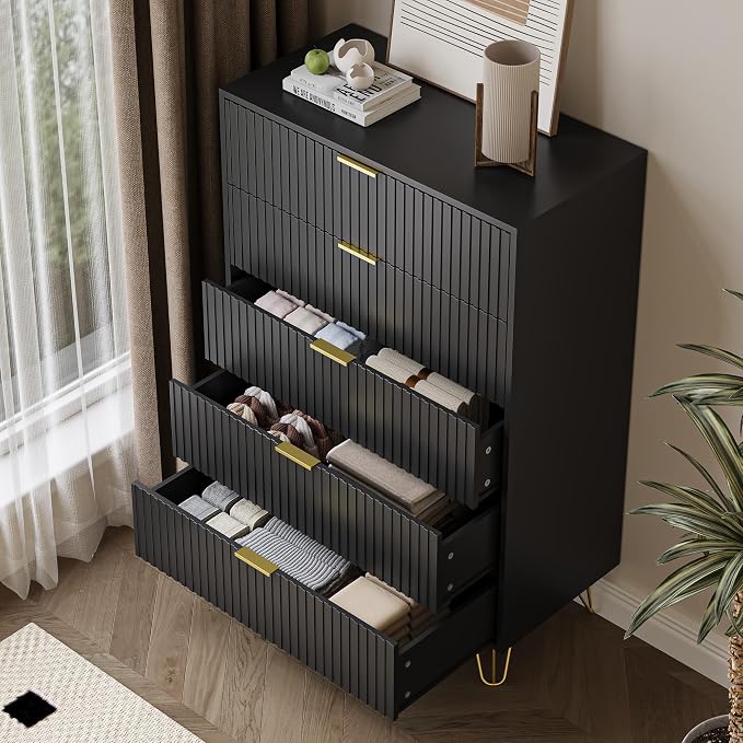 MAISONARIA 5 Drawers Dresser for Bedroom, 47" Tall Modern Chest of Drawers with Gold Handle, Fluted Wood Dresser for Bedroom, Living Room, Hallway, Entryway, Black