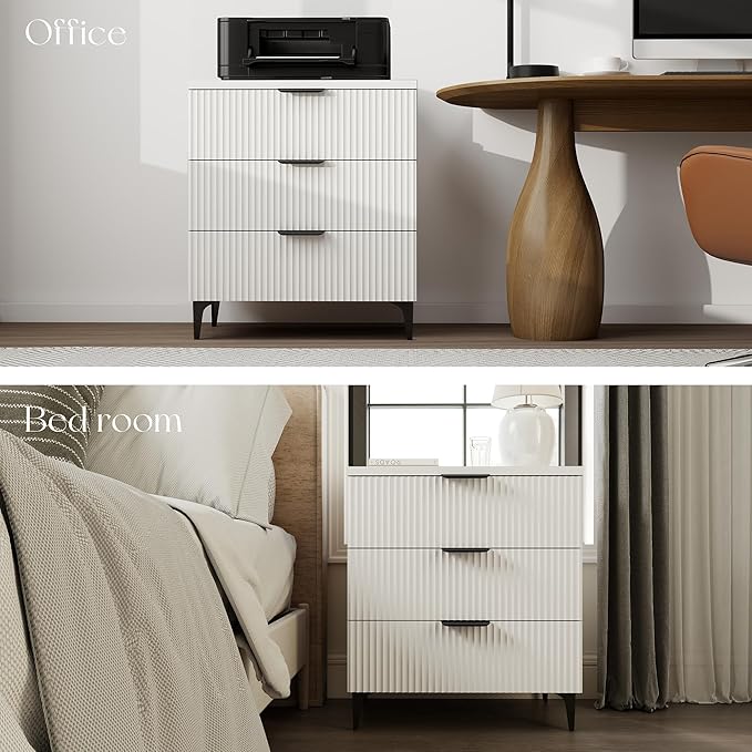 25.6" W Fluted Nightstand with 3 Drawer, Modern Wood Night Stands Bedside Table for Bedroom King/Queen Bed, End Table with Robot-Friendly Legs for Living Room,Entry (3 Drawers-1pcs-White)