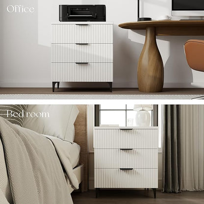 25.6" W Fluted Nightstand with 3 Drawer, Modern Wood Night Stands Bedside Table for Bedroom King/Queen Bed, End Table with Robot-Friendly Legs for Living Room,Entry (3 Drawers-1pcs-White)