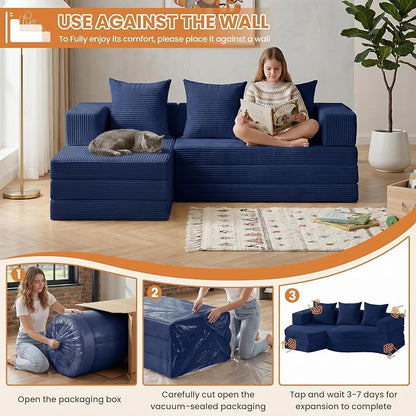 65" Modular Sectional Sofa, Boneless Convertible Sleeper Sofa Bed, Modern Tri-Folding Cloud Couch with L-Shape Chaise, Corduroy Futon Couches for Small Spaces Apartment,No Assembly,Blue