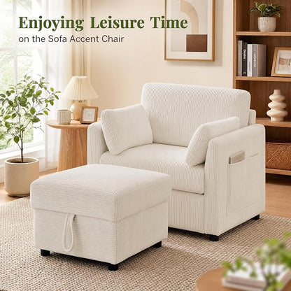 38" Modern Accent Chair, Corduroy Chair with Soft Pillows and Side Pockets, Comfy Single Reading Chairs for Living Room, Bedroom Beige