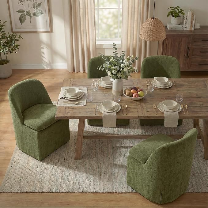 KISLOT Upholstered Dining Chairs with Casters, Washable Cover Modern Dining Room Chairs with Thick Cushion & Sturdy Metal Frame for Kitchen, Living Room, Dressing Room, Green Fabric, Set of 4