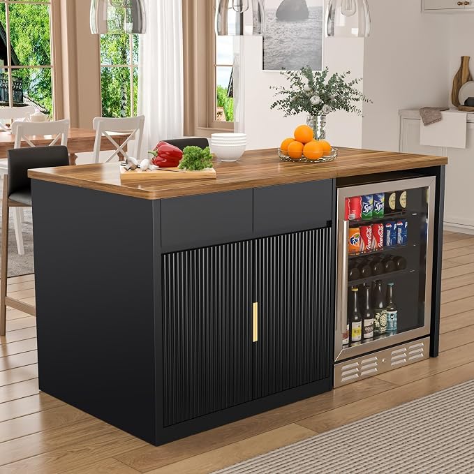 GDLF 60.7" W Large Kitchen Island with Storage and Fridge Space, Modern Kitchen Bar Island Table and Dining Table with Drawers